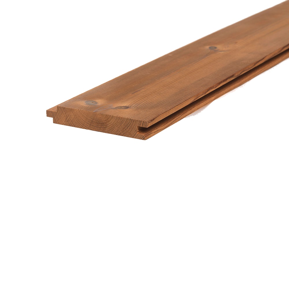 Scândură Luna Panel System de 19 × 117 mm din pin tratat termic brun-caramel, cu canalul de îmbinare pe muchie și noduri mici Scândură Luna Panel System de 19 × 117 mm din pin tratat termic brun-caramel, cu canalul de îmbinare pe muchie și noduri mici