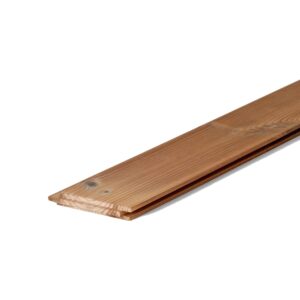 Scândură Luna Panel System de 19 × 117 mm din pin tratat termic, brun-caramel, văzută oblic dinspre capăt, cu nut și feder și un nod pe față