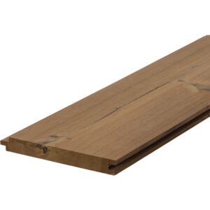 Scândură lată Luna Panel System de 19 × 165 mm din pin tratat termic brun, cu fața ușor striată și îmbinare nut și feder