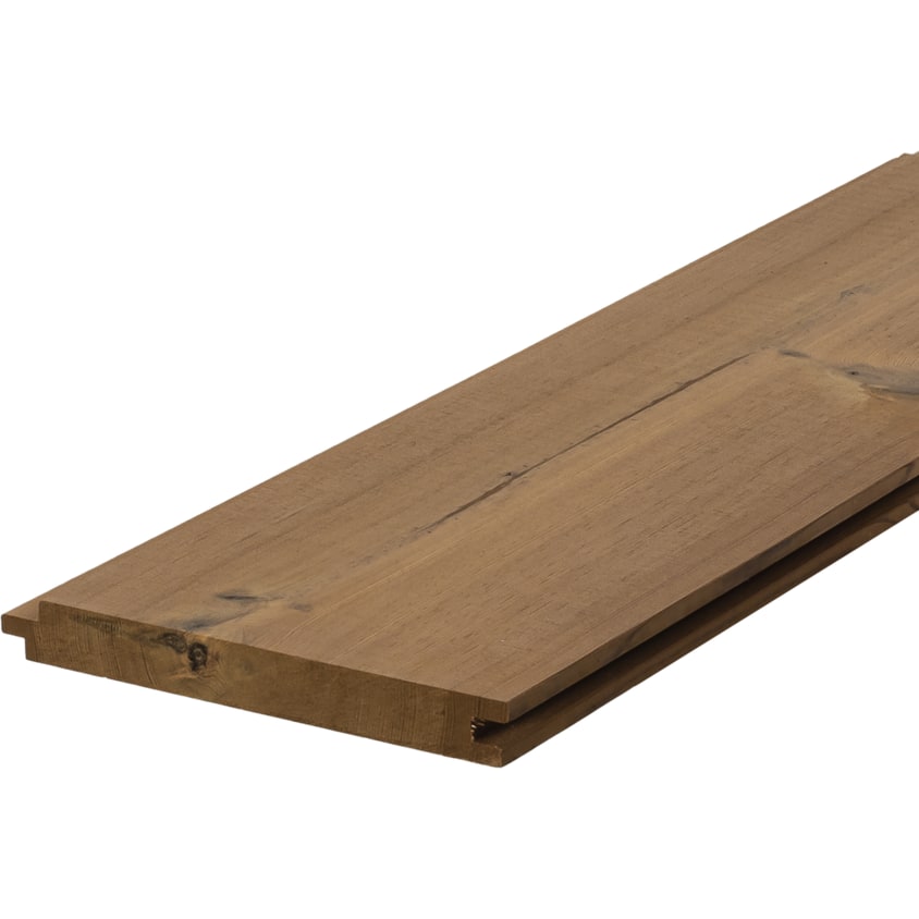 Scândură lată Luna Panel System de 19 × 165 mm din pin tratat termic brun, cu fața ușor striată și îmbinare nut și feder Scândură lată Luna Panel System de 19 × 165 mm din pin tratat termic brun, cu fața ușor striată și îmbinare nut și feder