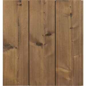 Trei scânduri late Luna Panel System montate vertical, văzute din față: pin tratat termic brun cu noduri și rosturi fine de umbră