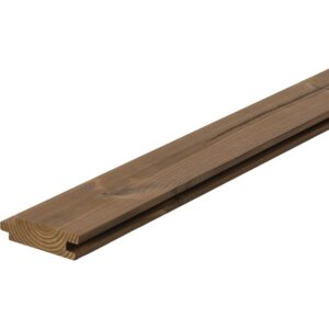 Profil îngust Luna Panel System de 19 × 68 mm din pin tratat termic brun, cu nut și feder vizibile la capăt, pe fundal alb