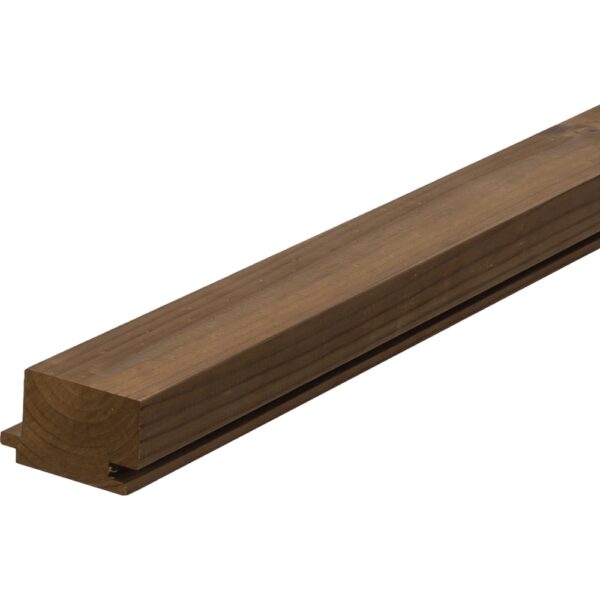 Profil gros Luna Panel System de 42 × 68 mm din pin tratat termic brun închis, cu nut și feder la bază, văzut în perspectivă