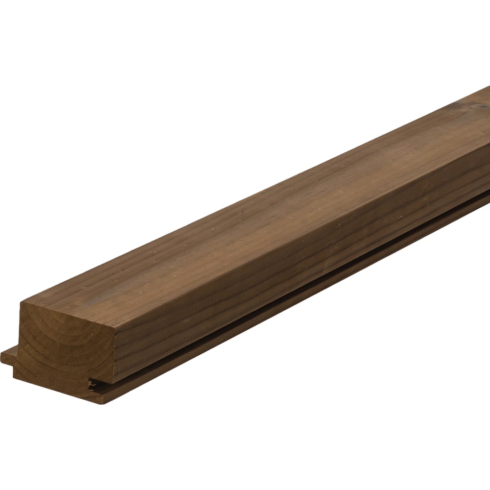 Profil gros Luna Panel System de 42 × 68 mm din pin tratat termic brun închis, cu nut și feder la bază, văzut în perspectivă Profil gros Luna Panel System de 42 × 68 mm din pin tratat termic brun închis, cu nut și feder la bază, văzut în perspectivă