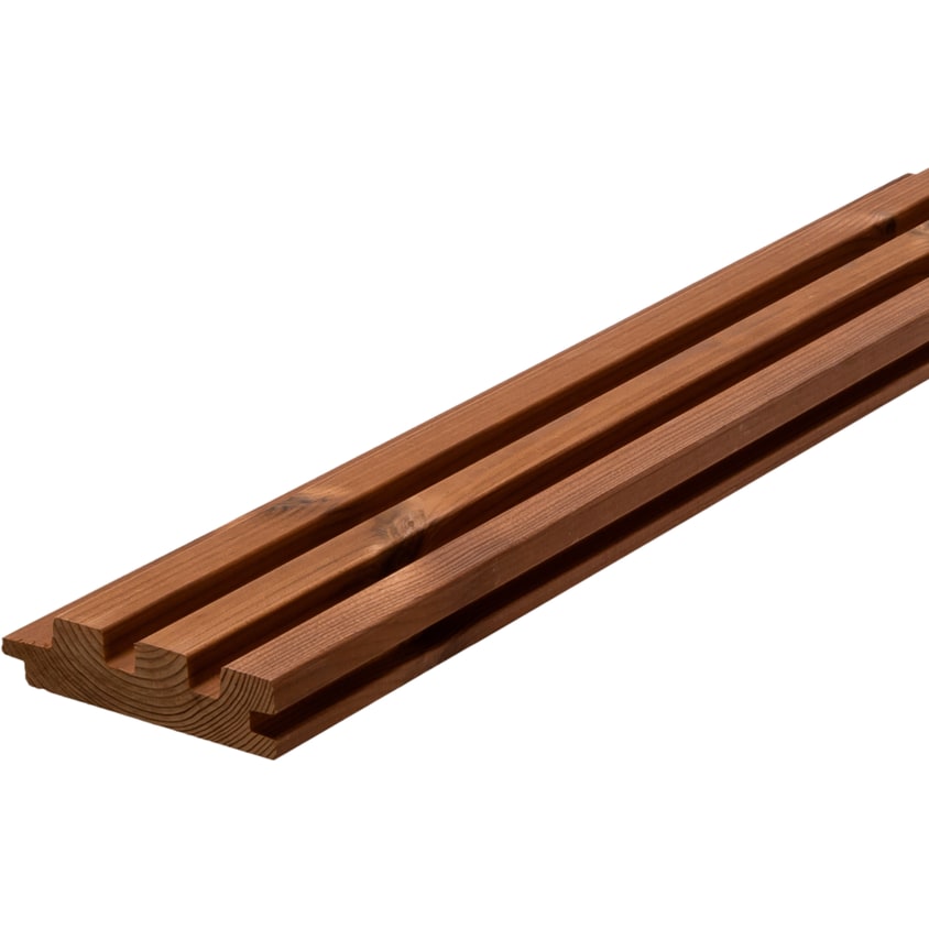 Profil Luna Trio de 26 × 92 mm din pin tratat termic brun-roșcat, cu trei nervuri pe față și îmbinare nut și feder, în perspectivă Profil Luna Trio de 26 × 92 mm din pin tratat termic brun-roșcat, cu trei nervuri pe față și îmbinare nut și feder, în perspectivă