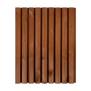 Plăci Luna Triple 32×140 montate vertical, văzute din față: aspect de șipci brune separate de caneluri adânci și umbrite