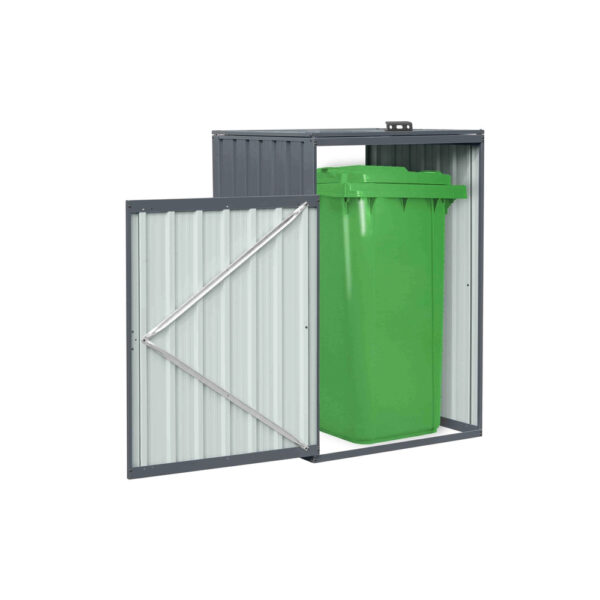 Magazie MultiBin gri antracit cu ușa deschisă și un tomberon verde de 240 L înăuntru