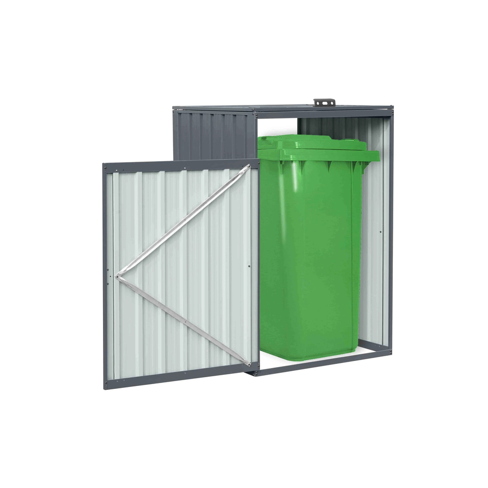 Magazie MultiBin cu tomberon Magazie MultiBin gri antracit cu ușa deschisă și un tomberon verde de 240 L înăuntru