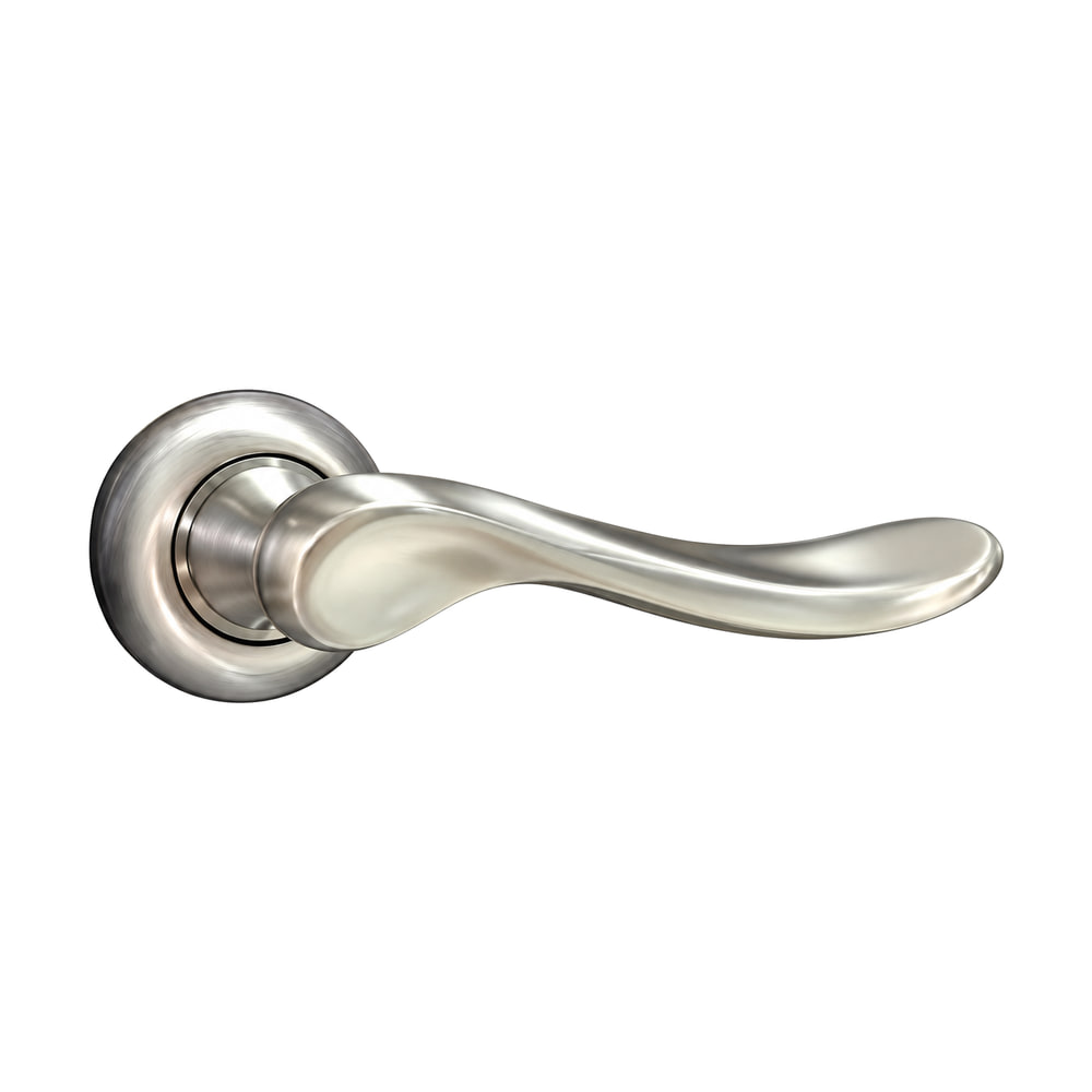 Mâner ușă Classic din zinc, nichel satinat, rozetă rotundă (A2-5237) Mâner de ușă Classic din zinc, nichel satinat, cu manetă curbată în S și rozetă rotundă cu inel în relief