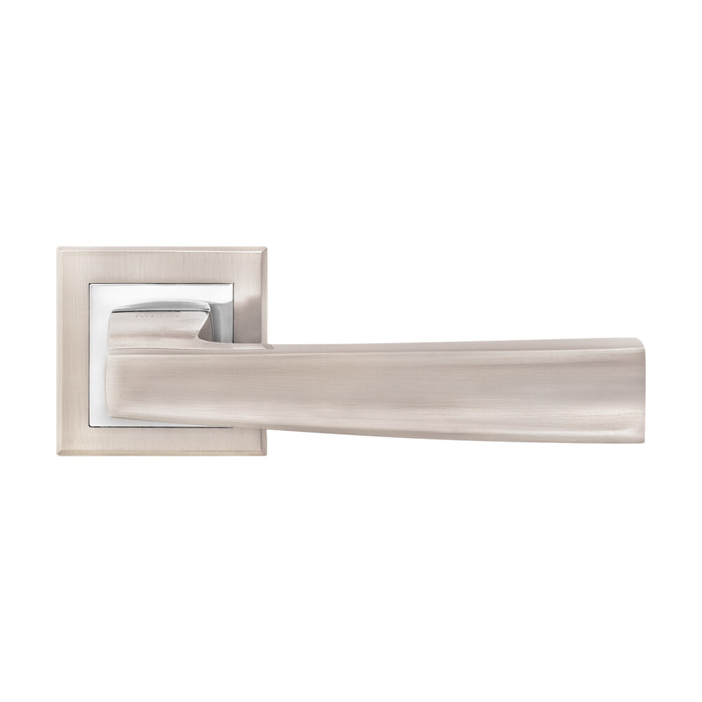 Mâner ușă Elegant din zinc, nichel satinat cu crom lucios, rozetă pătrată (A17-5889) Mâner de ușă Elegant din zinc, nichel satinat cu crom lucios, cu manetă lată și rozetă pătrată cu cadru cromat