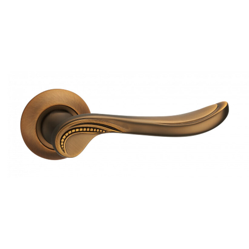 Mâner ușă Lady din aluminiu, cafea mat MACC, rozetă rotundă (A2-1210) Mâner de ușă Lady din aluminiu, cafea mat, cu perle aurii pe manetă și rozetă rotundă periată