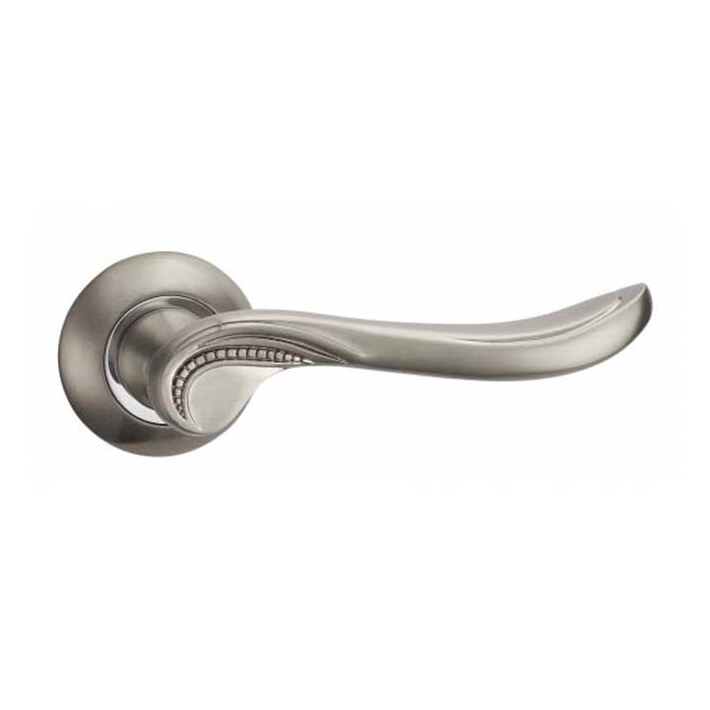 Mâner ușă Lady din aluminiu, nichel satinat cu crom lucios, rozetă rotundă (A2-1210) Mâner de ușă Lady din aluminiu, nichel satinat cu crom lucios, cu manetă curbată și rozetă rotundă