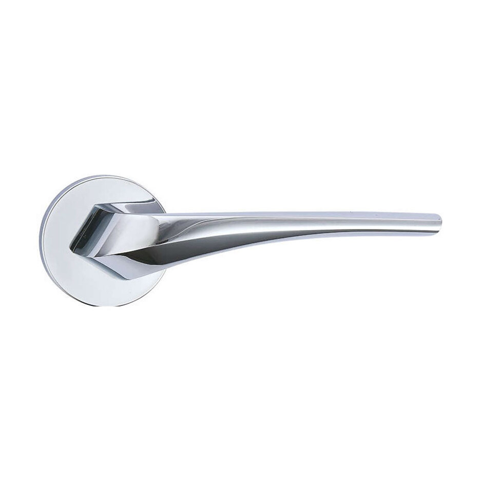 Mâner ușă Mister din zinc, crom lucios, rozetă rotundă (Z5-72Z166) Mâner de ușă Mister din zinc, crom lucios, cu manetă fațetată și rozetă rotundă, pe fundal alb