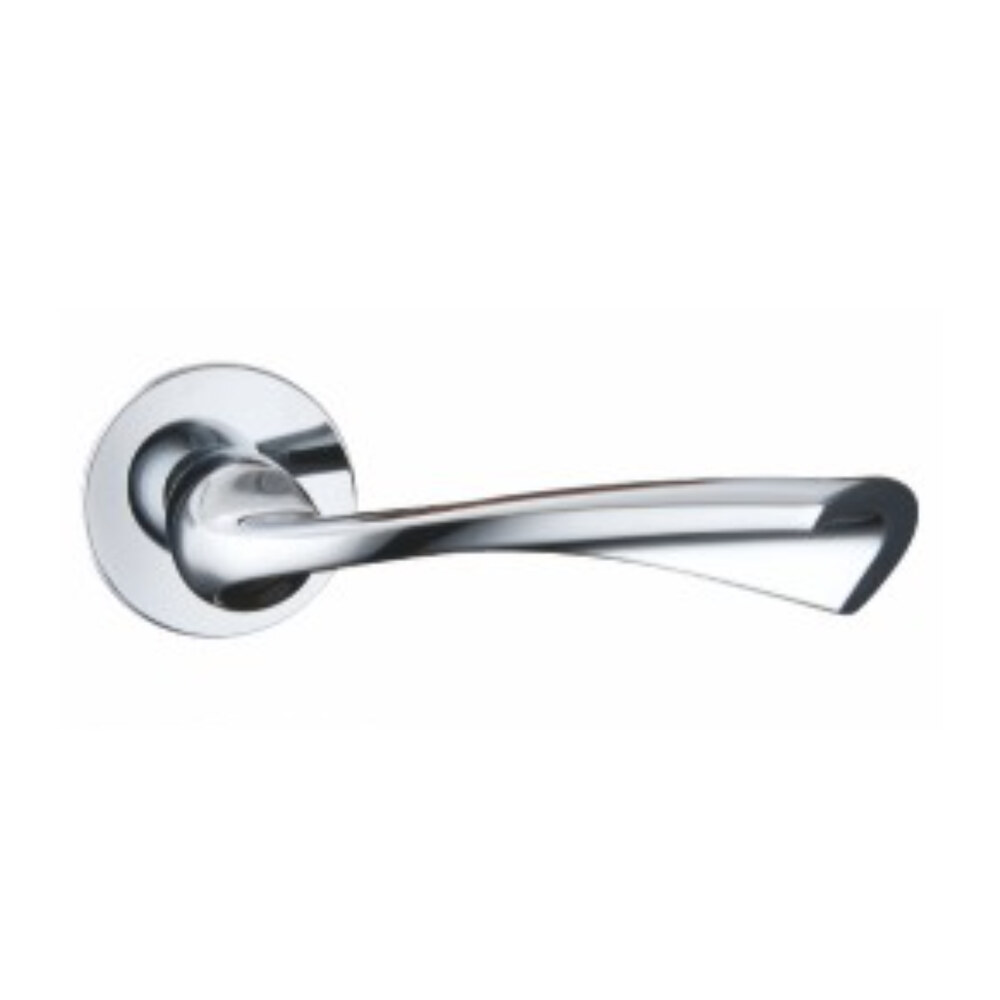 Mâner ușă Optic din zinc, crom lucios, rozetă rotundă (Z5-72Z165) Mâner de ușă Optic din zinc, crom lucios, cu manetă răsucită și rozetă rotundă, pe fundal alb