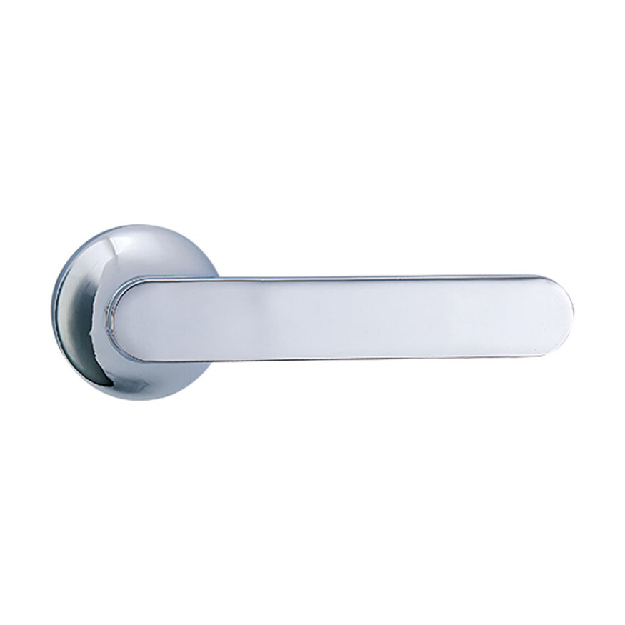 Mâner ușă Polo din zinc, crom lucios, rozetă rotundă (Z5-72Z81) Mâner de ușă Polo din zinc, crom lucios, cu manetă plată rotunjită la capete și rozetă rotundă, pe fundal alb