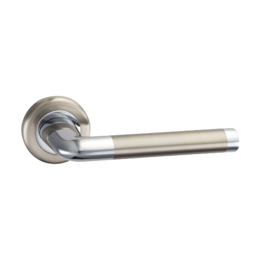 Mâner ușă Slide din aluminiu, nichel satinat cu crom lucios, rozetă rotundă (A1-1209) Mâner de ușă Slide din aluminiu, nichel satinat cu crom lucios, cu manetă rotunjită, capăt cromat și rozetă rotundă în două tonuri