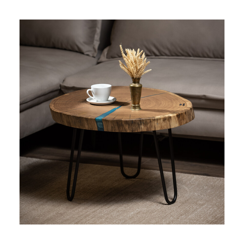 Măsuță cafea Aurora din lemn masiv și rășină epoxidică albastră cu picioare metalice Hairpin Măsuță cafea Aurora din lemn masiv și rășină epoxidică albastră cu picioare metalice Hairpin