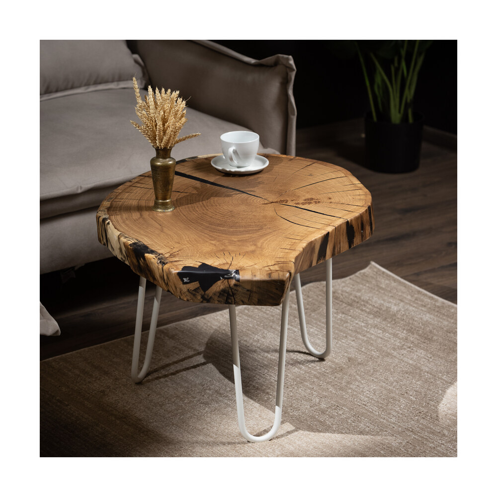 Măsuță cafea Solstice din lemn masiv cu picioare metalice Hairpin albe Măsuță cafea Solstice din lemn masiv cu picioare metalice Hairpin albe