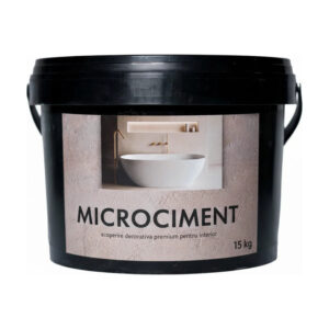 Găleată neagră de microciment de 15 kg, cu imaginea unei băi cu cadă albă pe etichetă