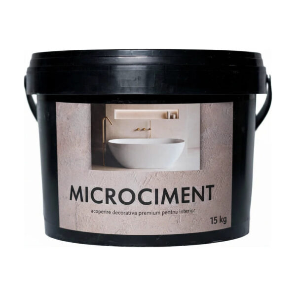Găleată neagră de microciment de 15 kg, cu imaginea unei băi cu cadă albă pe etichetă