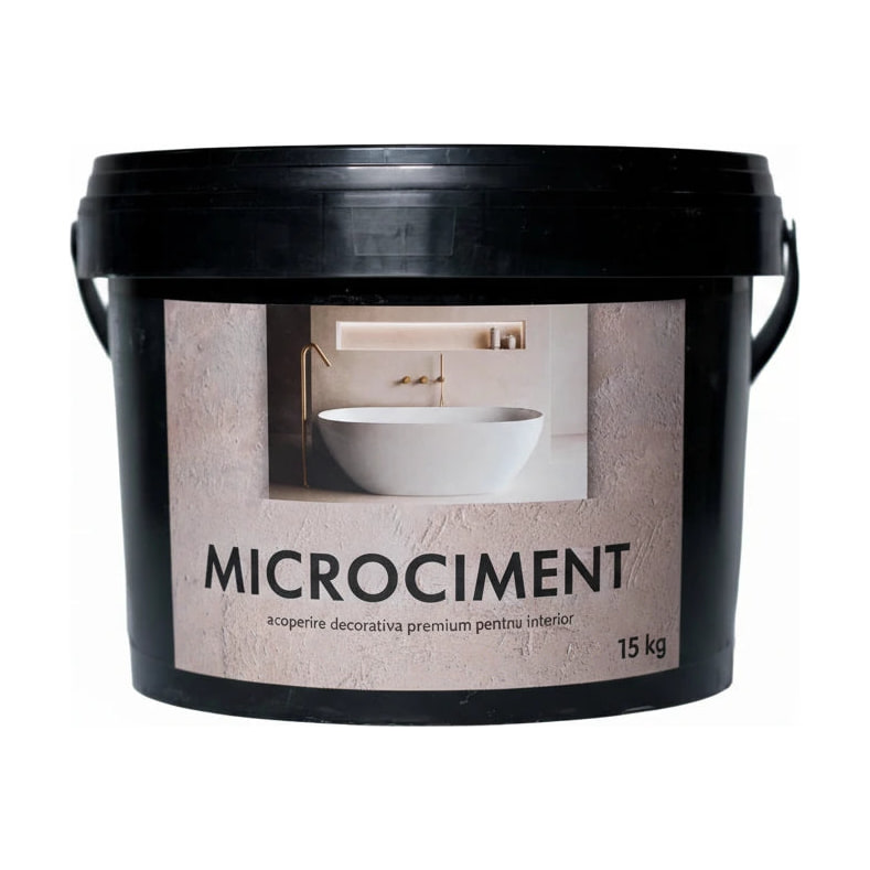 Găleată neagră de microciment de 15 kg, cu imaginea unei băi cu cadă albă pe etichetă Găleată neagră de microciment de 15 kg, cu imaginea unei băi cu cadă albă pe etichetă