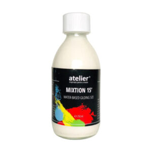 Flacon de 250 ml de Mixtion 15' Atelier, cu eticheta neagră și pete de culoare