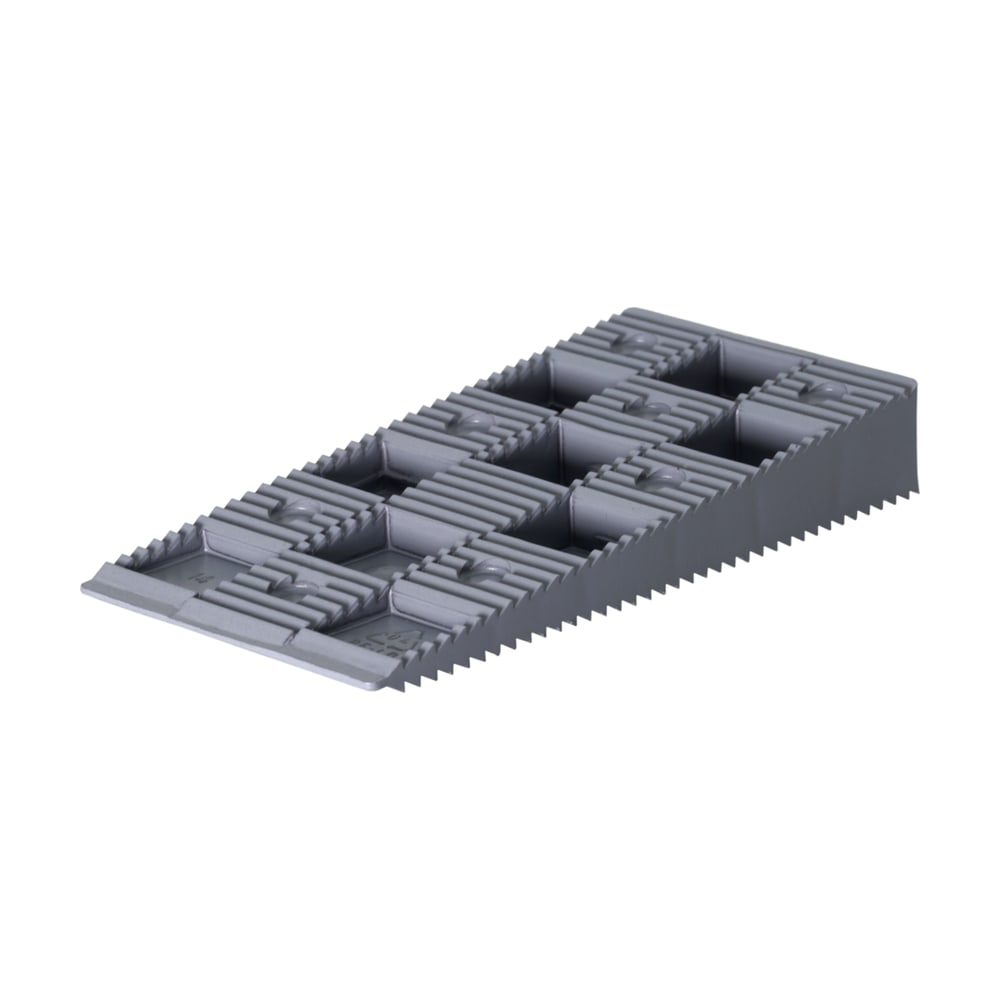Pană Trigo din plastic gri pentru reglajul structurii terasei, cu fața în trepte zimțate și alveole Pană Trigo din plastic gri pentru reglajul structurii terasei, cu fața în trepte zimțate și alveole