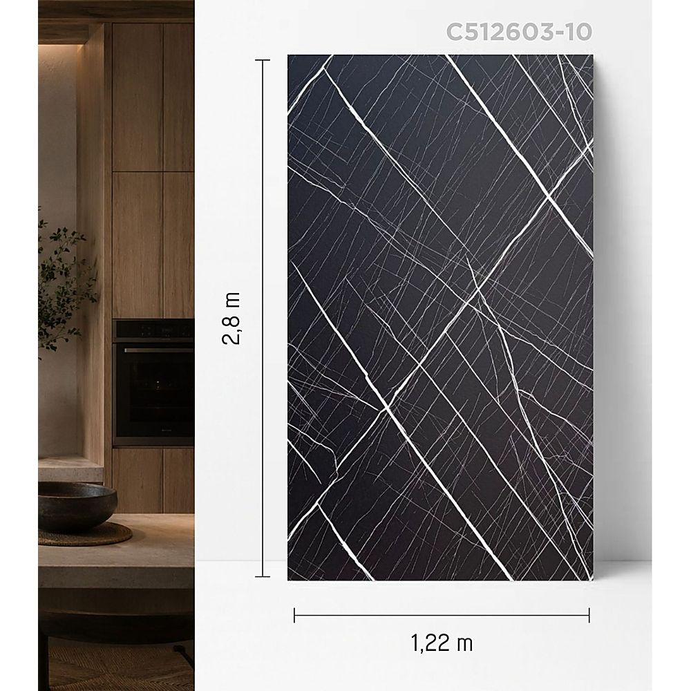 Panou C512603-10, dimensiuni Panou C512603-10 cu marmură neagră și venaturi albe liniare, cu cotele de 1,22 × 2,8 m