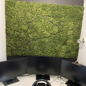Panou din licheni de 140 × 120 cm cu traseu de circuit, într-un colț de lucru cu volan de simulator