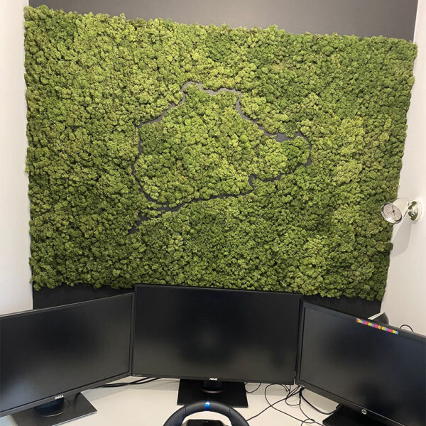 Panou din licheni stabilizați verzi cu traseul unui circuit de curse gravat, deasupra unui birou cu trei monitoare