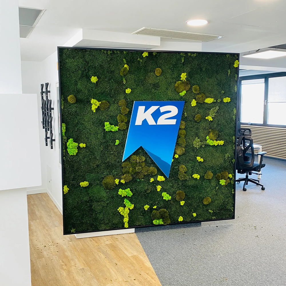 Panou cu logo personalizat din mușchi și licheni, 200 × 200 cm Panou pătrat din mușchi și licheni stabilizați cu logo albastru de companie, într-un birou