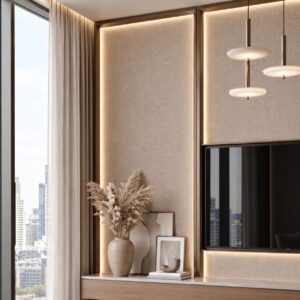 Perete TV placat cu panouri HP 65002-298 crem pudrat, conturate cu benzi LED