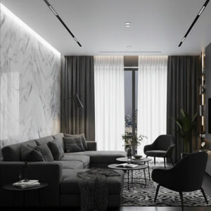 Living modern cu peretele lateral placat în marmură albă lucioasă KN8011 și canapea gri închis