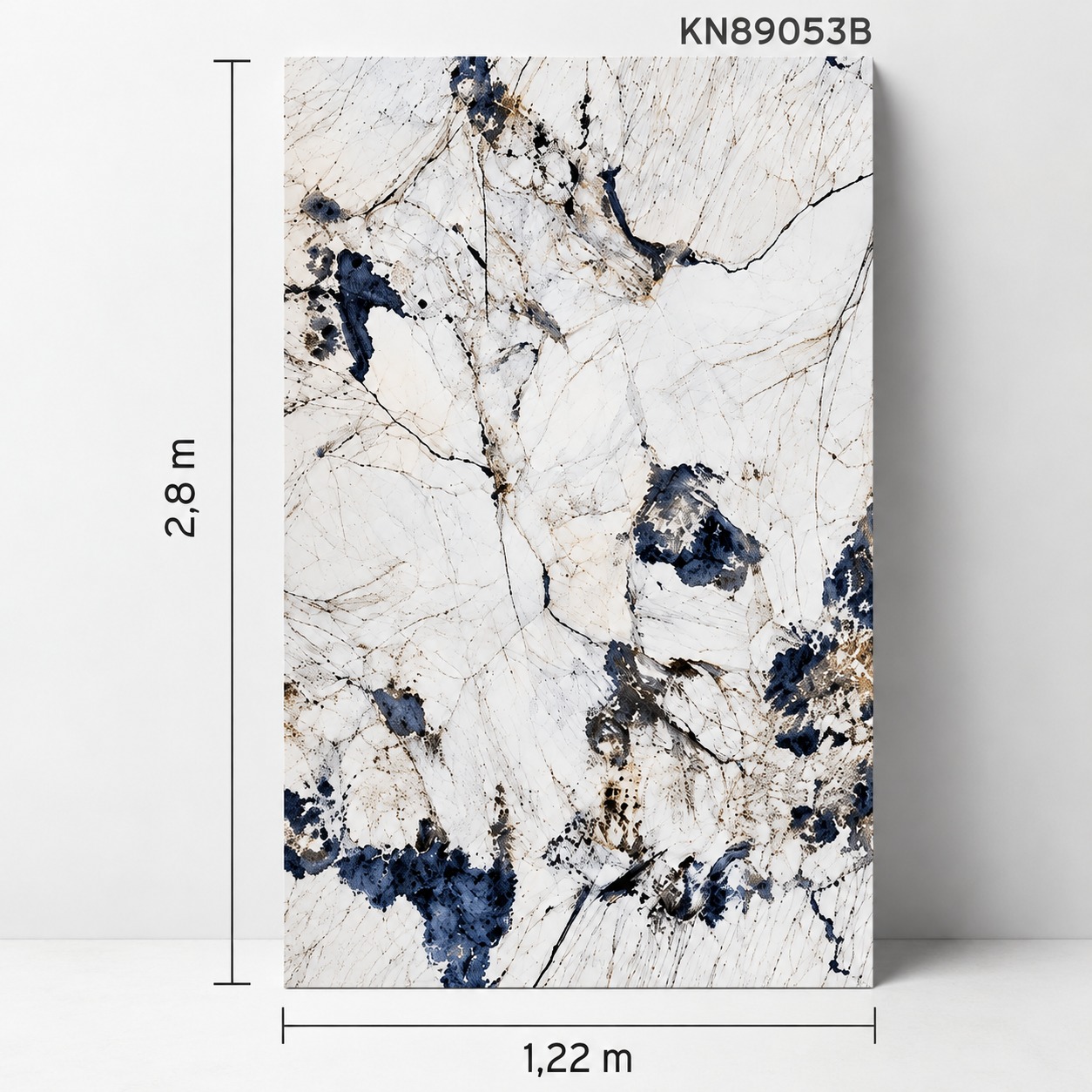 Panou decorativ KN89053B Panou KN89053B în picioare: marmură albă cu pete bleumarin și vene gri-antracit, cu cotele de 2,8 × 1,22 m