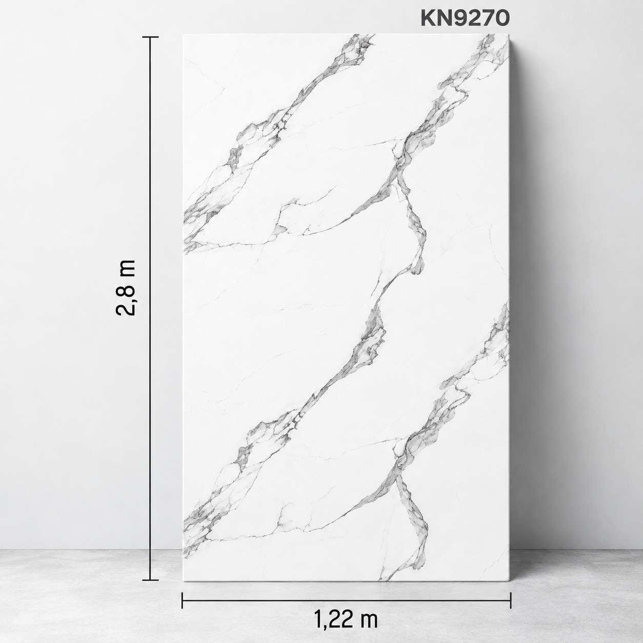 Panou KN9270, dimensiuni Panou KN9270 cu marmură albă și nervuri gri în diagonală, prezentat vertical, cu cotele de 1,22 × 2,8 m