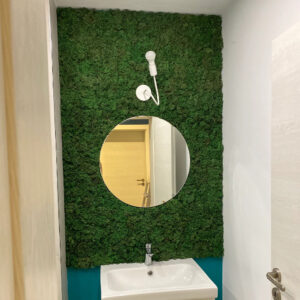 Panou din licheni verde intens cu oglindă rotundă integrată și aplică albă, deasupra unui lavoar