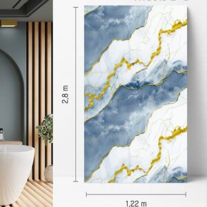 Panou MT9019-2-G în picioare: marmură albă cu valuri albastre și nervuri aurii, cu cotele de 2,8 × 1,22 m