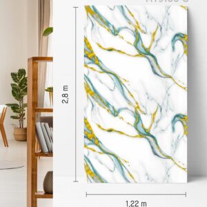 Panou MT9106-G cu marmură albă și nervuri turcoaz și aurii, prezentat vertical, cu cotele de 1,22 × 2,8 m