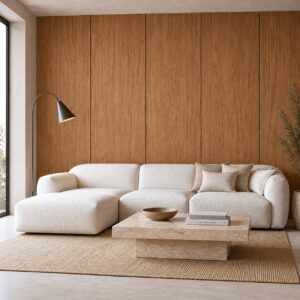 Living cu canapea albă în fața unui perete placat cu panouri TB039-96 Natural Honey Oak