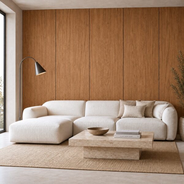 Living cu canapea albă în fața unui perete placat cu panouri TB039-96 Natural Honey Oak