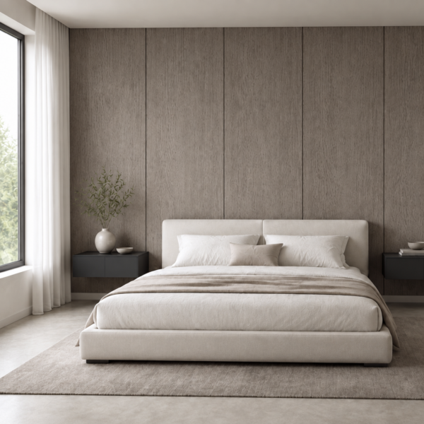 Dormitor minimalist cu peretele din spatele patului placat cu panouri TB052-10 Cashmere Oak