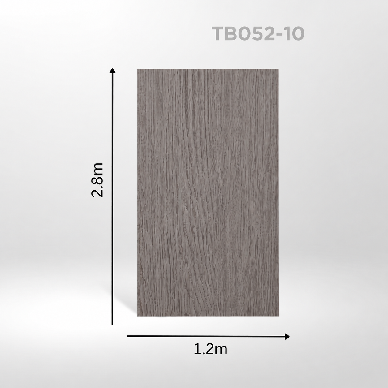 Panou decorativ TB052-10 Cashmere Oak Panou TB052-10 Cashmere Oak cu fibră de stejar gri-taupe, prezentat vertical, cu cotele de 2,8 × 1,2 m