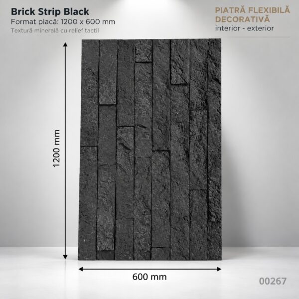 Panou din piatră flexibilă Brick Strip Black de 1200 × 600 mm, cu fâșii de piatră neagră în relief și cote