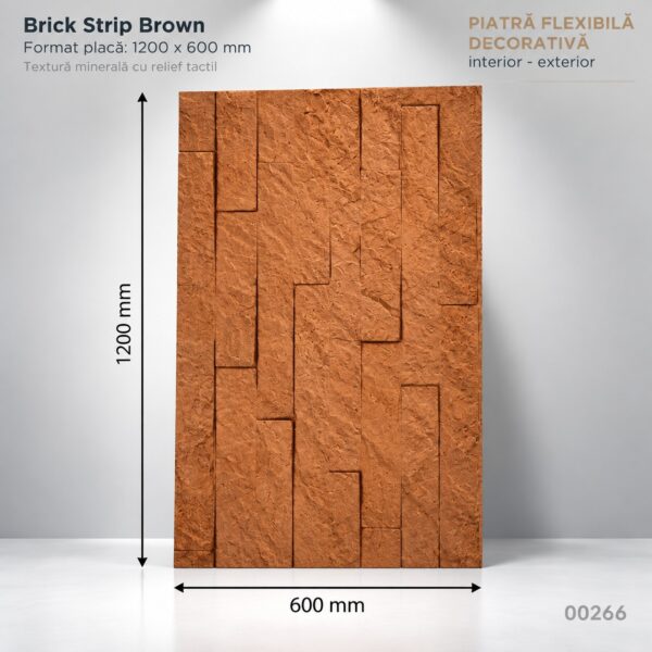 Panou din piatră flexibilă Brick Strip Brown, placă de 1200 × 600 mm cu fâșii de piatră în relief, cu cote
