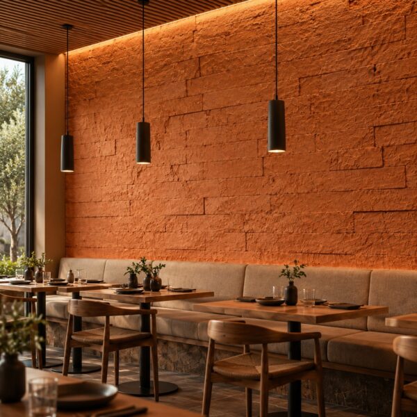 Perete de restaurant placat cu Brick Strip Brown, cu bancheta tapițată, mese din lemn și lămpi suspendate