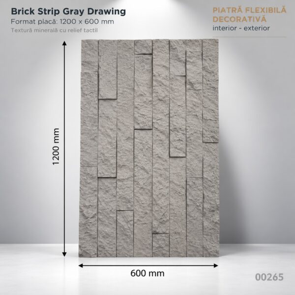 Panou din piatră flexibilă Brick Strip Gray Drawing, placă gri de 1200 × 600 mm cu fâșii în relief, cu cote