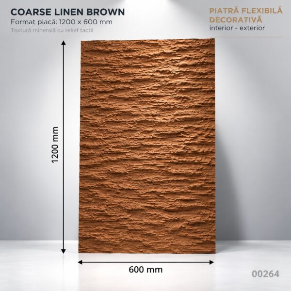 Panou din piatră flexibilă Coarse Linen Brown, placă brun teracotă cu relief liniar ondulat, cu cote 1200 × 600 mm