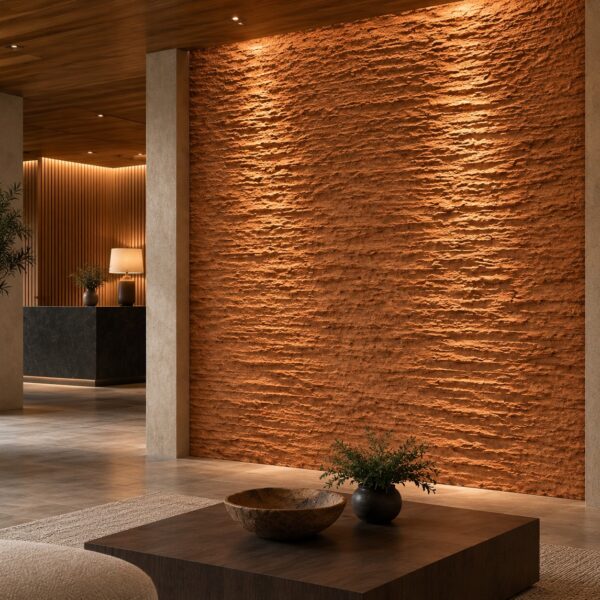 Recepție de hotel cu perete placat cu Coarse Linen Brown luminat de sus, măsuță din lemn și bol decorativ