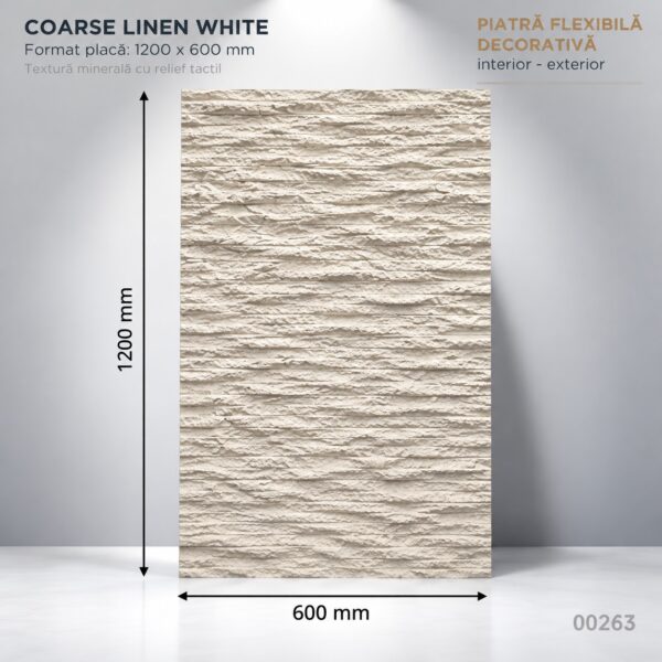 Panou din piatră flexibilă Coarse Linen White, placă albă cu relief orizontal de fibră, cu cote 1200 × 600 mm