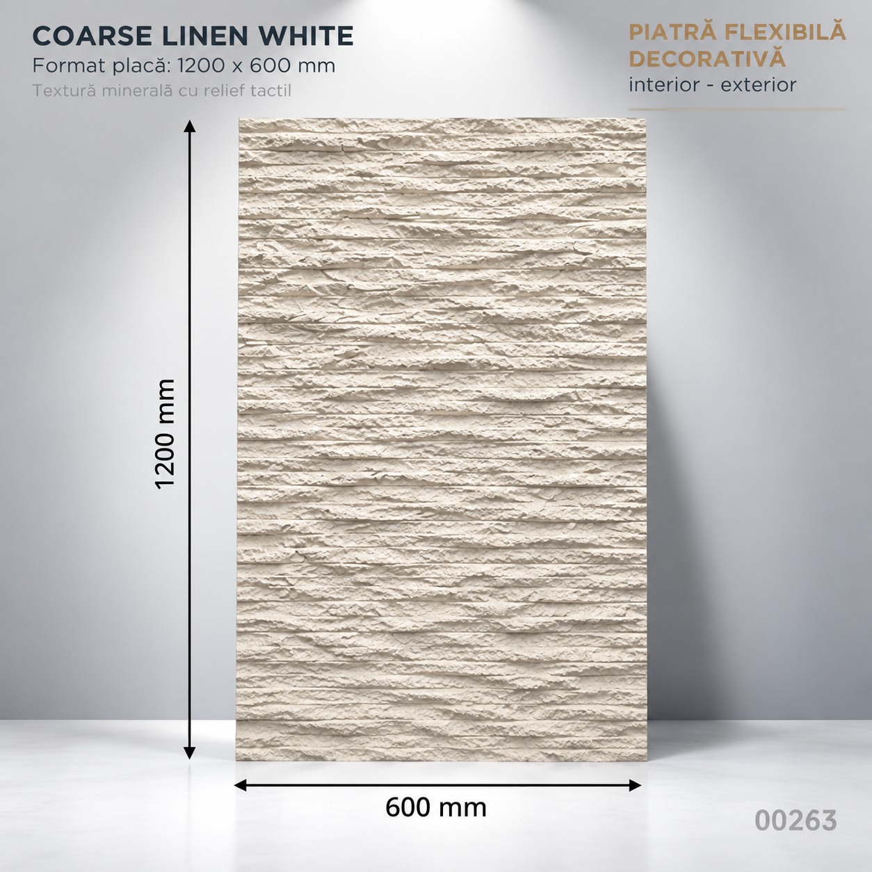 Panou Coarse Linen White, dimensiuni 1200 × 600 mm Panou din piatră flexibilă Coarse Linen White, placă albă cu relief orizontal de fibră, cu cote 1200 × 600 mm